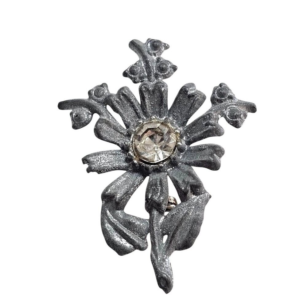Vintage Floral Pewter Brooch With Rhinestone Center Elegant Retro Jewelry